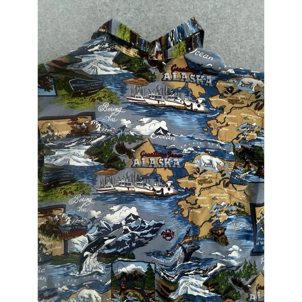 David Carey Alaska Hawaiian Shirt Mens 4XL Blue Map Print Button Up‎